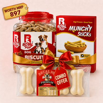 Royal Pup Premium Dog Treat Combo Pack – Real Chicken Dog Biscuits + Chicken/Milk/Mutton Munchy Sticks + Premium Calcium Bones | Worth ₹897 | Combo Price ₹717 Only