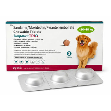 Zoetis Simparica TRIO Chewable Tablets for Dogs 20–40kg | Tick, Flea, Deworming & Heartworm Support | Pack of 3 Tablets