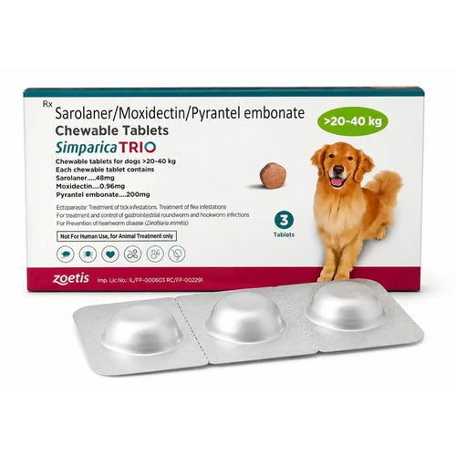 Zoetis Simparica TRIO Chewable Tablets for Dogs 20–40kg | Tick, Flea, Deworming & Heartworm Support | Pack of 3 Tablets