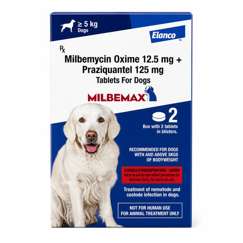 Elanco Milbemax Tablets for Dogs 5kg & Above | Milbemycin Oxime 12.5mg + Praziquantel 125mg | Deworming Tablets for Dogs (2 Tablets)