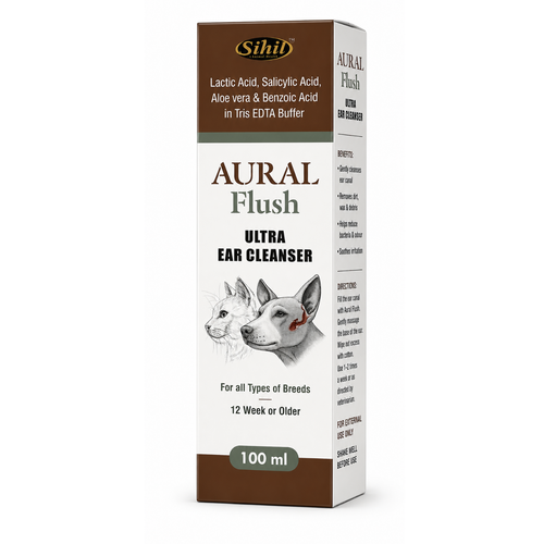 Sihil Aural Flush Ultra Ear Cleanser for Dogs & Cats | Ear Cleaning Solution with Aloe Vera, Lactic Acid & Salicylic Acid | Removes Wax, Dirt & Odour | 100ml