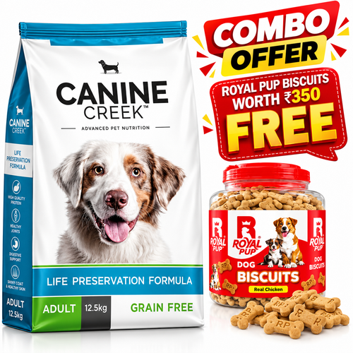 Canine Creek Adult Dog Food Grain Free 12.5kg + FREE Royal Pup Real Chicken Dog Biscuits (Worth ₹350) | Premium Combo Offer