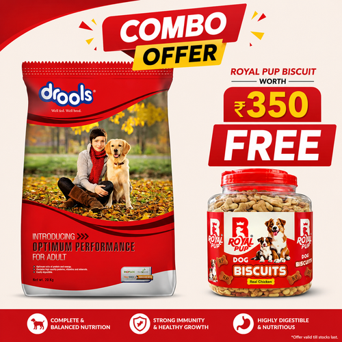 Drools Optimum Performance Adult Dog Food 20kg + FREE Royal Pup Real Chicken Dog Biscuits (Worth ₹350) | Limited Combo Offer