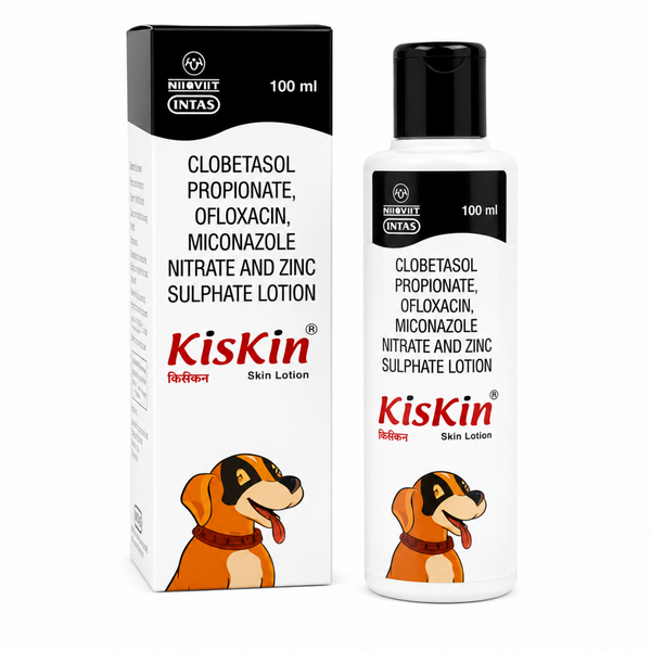 KisKin Skin Lotion 100ml – Veterinary Skin Care Lotion for Dogs | Clobetasol, Ofloxacin, Miconazole & Zinc Sulphate Formula