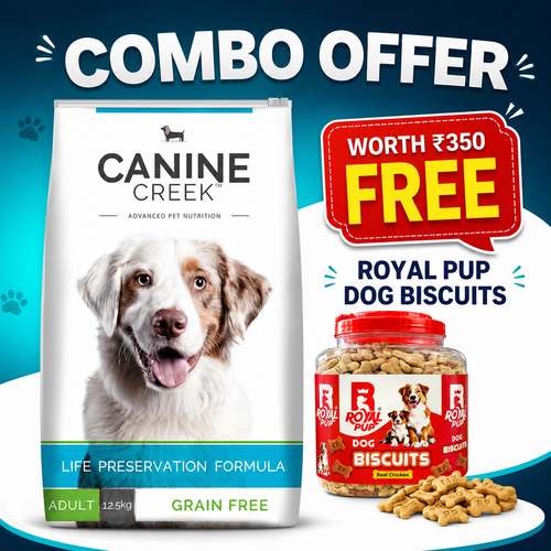 Canine Creek Adult Dog Food Grain Free 12.5kg + FREE Royal Pup Real Chicken Dog Biscuits (Worth ₹350) | Premium Combo Offer