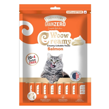 Signature Grain Zero Woow Creamy Salmon Lickable Cat Treats – Grain-Free Creamy Snack for Cats & Kittens (20+4 Sachets)