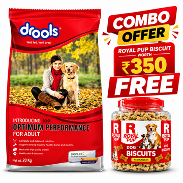 Drools Optimum Performance Adult Dog Food 20kg + FREE Royal Pup Real Chicken Dog Biscuits (Worth ₹350) | Limited Combo Offer