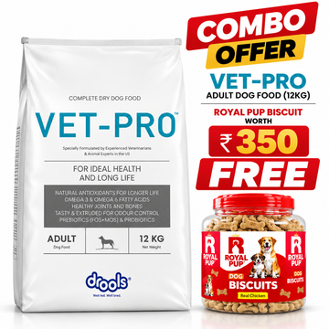 Drools Vet-Pro Adult Dog Food 12kg + FREE Royal Pup Real Chicken Dog Biscuits (Worth ₹350) | Premium Combo Offer