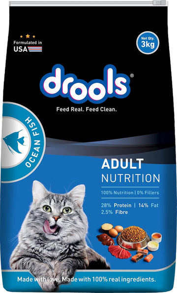 Drools Adult Nutrition Ocean Fish Flavour Cat Food 3kg | 28% Protein | Taurine, Fish Oil, Prebiotics & Probiotics | Complete Adult Cat Nutrition