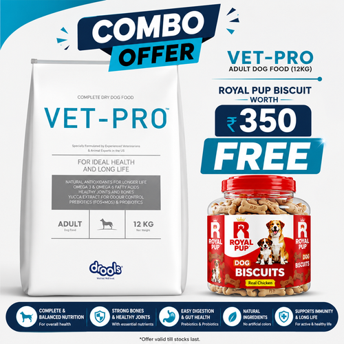 Drools Vet-Pro Adult Dog Food 12kg + FREE Royal Pup Real Chicken Dog Biscuits (Worth ₹350) | Premium Combo Offer