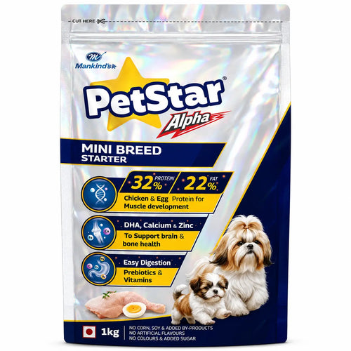 PetStar Alpha Mini Breed Starter Dog Food 1kg | High Protein Puppy Food with Chicken & Egg | DHA, Calcium & Prebiotics | Complete Nutrition for Small Breed Puppies