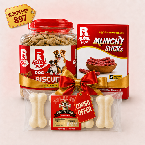 Royal Pup Premium Dog Treat Combo Pack – Real Chicken Dog Biscuits + Chicken/Milk/Mutton Munchy Sticks + Premium Calcium Bones | Worth ₹897 | Combo Price ₹717 Only