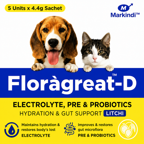 Markind Floràgreat-D Electrolyte, Pre & Probiotics Sachets for Dogs & Cats | Litchi Flavor | Hydration & Gut Support | 5 x 4.4g Sachets