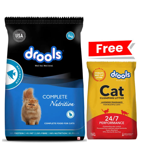 Drools Ocean Fish Dry Cat Food – 7kg + Free Clumping Cat Litter Combo Pack