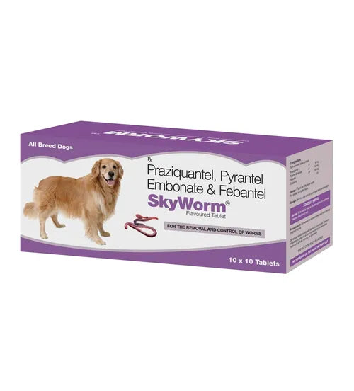 SkyWorm Flavoured Deworming Tablets for Dogs | Praziquantel, Pyrantel Embonate & Febantel | Broad Spectrum Worm Control