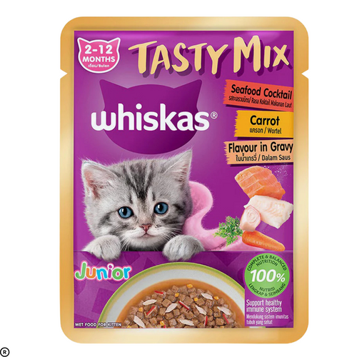 Whiskas Tasty Mix Seafood Cocktail With Carrot In Gravy Wet Food For Junior (2-12 Months) Kitten- 70 gm