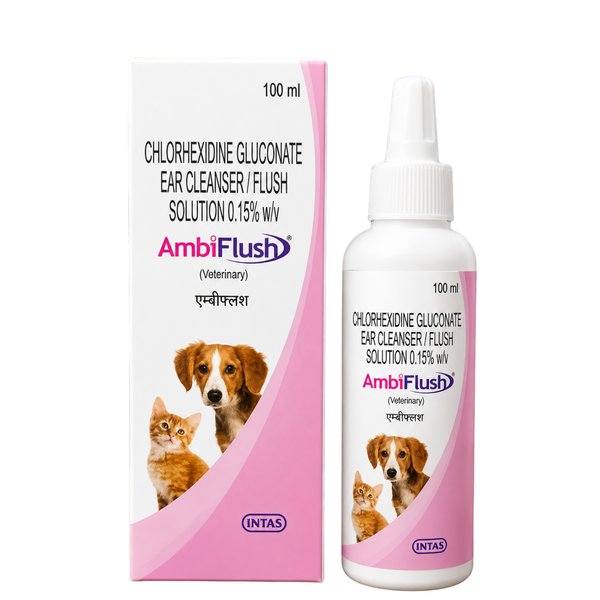 Intas AmbiFlush Veterinary Ear Cleanser & Flush Solution for Dogs and Cats | Chlorhexidine Gluconate 0.15% w/v | Ear Wax & Infection Care | 100ml