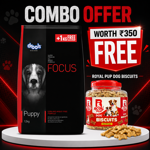 Drools Focus Puppy Dog Food 12kg + 1kg Free + FREE Royal Pup Real Chicken Dog Biscuits (Worth ₹350) | Super Premium Puppy Combo Offer