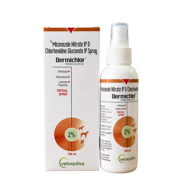Dermichlor Medicated Spray for Dogs & Cats | Miconazole & Chlorhexidine Antifungal Skin Spray 100ml