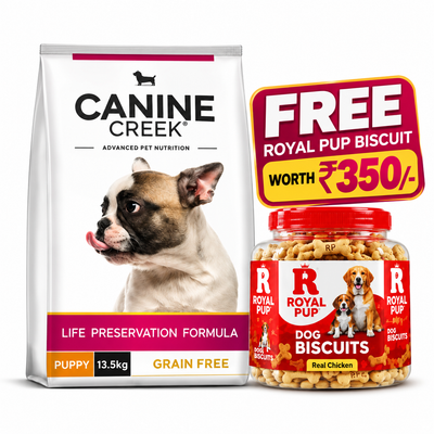 Canine Creek Puppy Dog Food 13.5kg Grain Free + FREE Royal Pup Real Chicken Dog Biscuits (Worth ₹350) | Premium Combo Offer