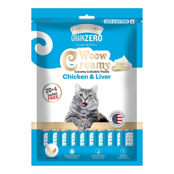 Signature Grain Zero Woow Creamy Chicken & Liver Lickable Cat Treats – Grain-Free Creamy Snack for Cats & Kittens (20+4 Sachets)