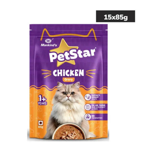 Mankind PetStar Chicken Gravy Wet Cat Food for Adult Cats | Rich in DHA & Taurine | Supports Urinary Health | 85g Pouch